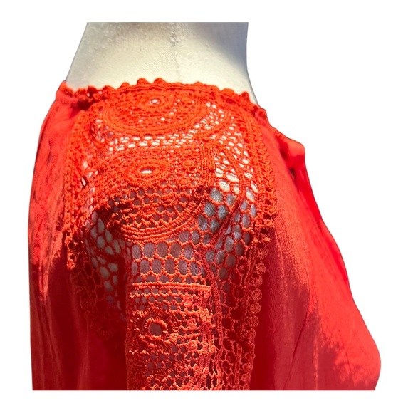 Women's Cap Sleeve Tie Front Blouse with Lace Inset - Picture 5 of 15